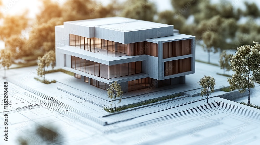 Poster 3D models and blueprints for a smart-building project or environmentally friendly modern building 