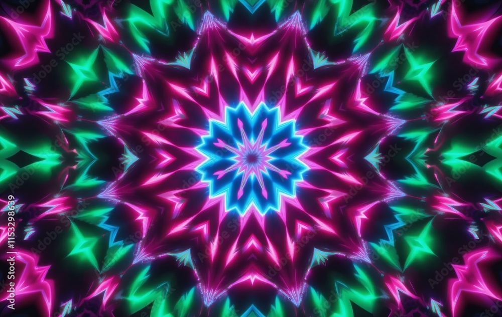 Poster kaleidoscopic pattern repeating geometric shapes.