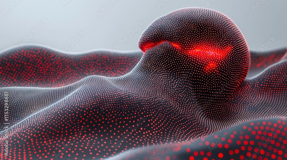 Poster a dark dotted surface with a glowing red sphere nestled within its folds. ideal for sci-fi or abstra