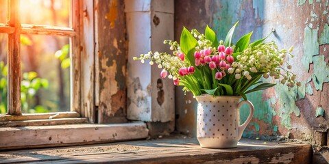 Fototapeta premium Pink Lily of the Valley Bouquet in Polka Dot Vase, Spring Flowers, Urban Exploration Photography