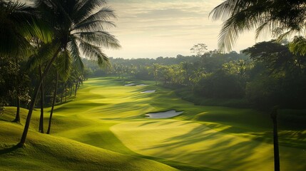 A serene scene featuring a tranquil golf course, Lush green fairways meticulously groomed, Classic photographic style