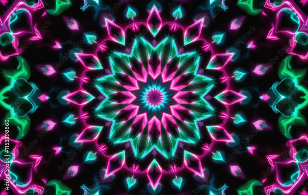 Poster kaleidoscopic pattern repeating geometric shapes.