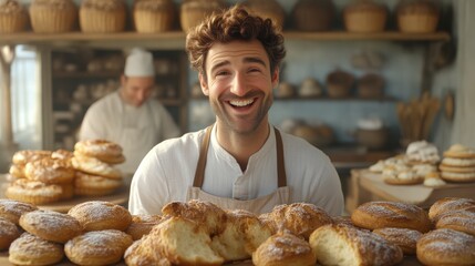 Happy baker surrounded by pastries in bakery.