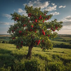 Fototapeta premium A tree with fresh berries, surrounded by a picturesque countryside.