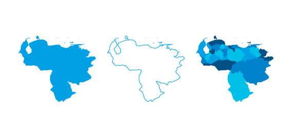 Venezuela set of three maps - solid map, outline map and map highlighting administrative divisions. Three distinct maps illustrate various representations of a geographical area.