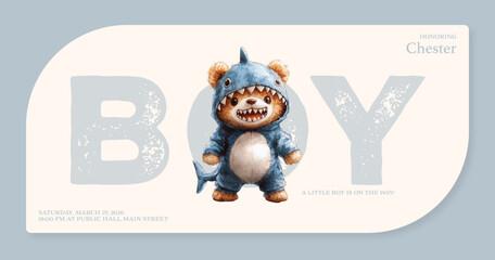 Fototapeta premium Baby Boy Shower Invitation with Shark-Themed Teddy Bear in Soft Blue Design, Baby Shower Invitation Card