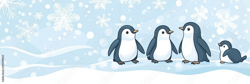 Poster cute penguins enjoying winter fun in a snowy landscape with falling snowflakes and a serene backgrou
