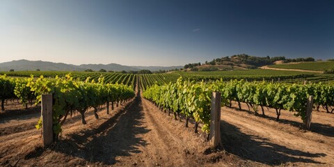 Vineyard landscape with rows of grapevines under clear blue sky