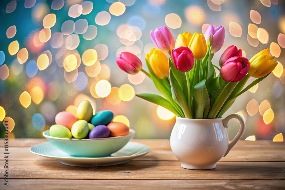 Poster playful abstract doodles & easter eggs on minimalist table setting with tulips - bokeh effect stock 