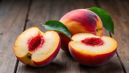 Close-up of ripe peach slices on wooden surface, symbolizing freshness and healthy living