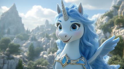Cute light blue winged unicorn in a fantasy landscape.