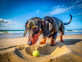 Playful Dachshund Digging Hole on Sandy Beach, Long Exposure