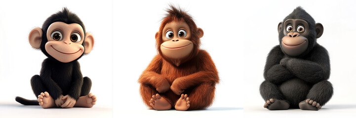 set of 3d cartoon primates, gorilla, chimpanzee, orangutan
