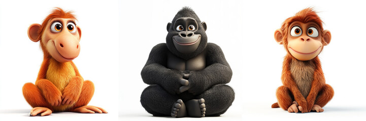 set of 3d cartoon primates, gorilla, proboscis monkey
