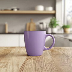 Obraz premium blank matte purple coffee cup mockup on wooden kitchen table, on minimalist kitchen background, Ai generated images