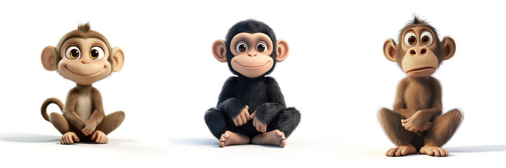 set of 3d cartoon primates, monkey, chimpanzee, baboon