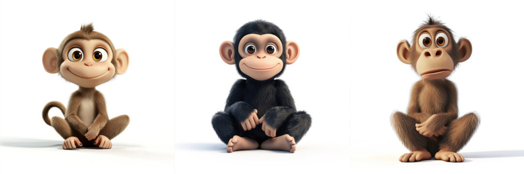 set of 3d cartoon primates, monkey, chimpanzee, baboon