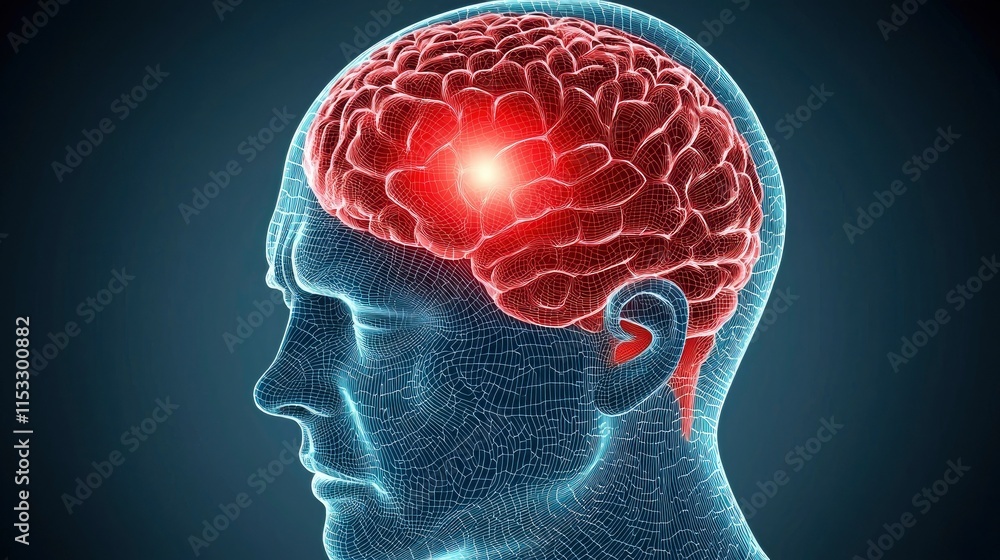 Poster 3d wireframe head with highlighted brain area. ideal for visualizing neurological activity brain fun