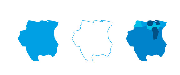 Suriname set of three maps - solid map, outline map and map highlighting administrative divisions. Three distinct maps illustrate various representations of a geographical area.
