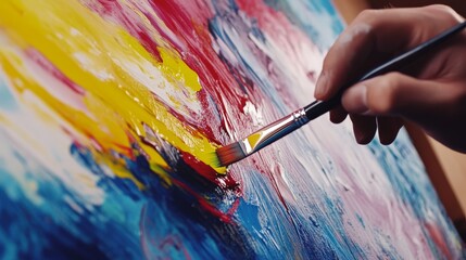 Obraz premium A close-up view of a hand holding a brush, applying bold strokes of vibrant yellow, red, and blue paint to a canvas. The texture and dynamic color composition make this a perfect visual for creative