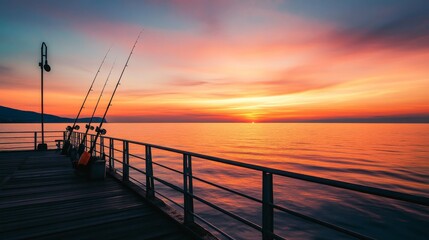 Obraz premium A serene sea fishing scene at sunrise on a tranquil pier, Fishing rods set for early morning catch, Pier tranquility style