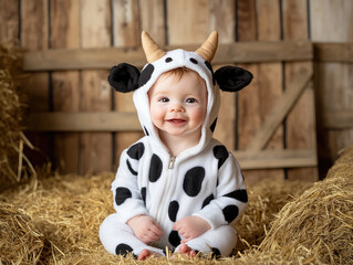 Cute Baby Wearing a Cow Costume Seated on Straw in a Rustic Barn Setting, Smiling Joyfully at the Camera
