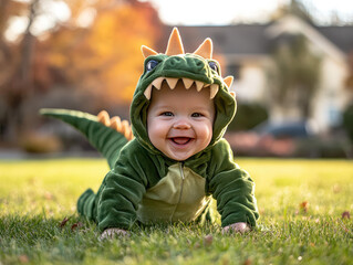 Baby in Dinosaur Costume Crawls on Grass With Big Smile in Autumn Setting