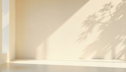 Empty cream colored room with window casting tree shadows on the wall creating a calm and relaxing atmosphere, suitable for interior design mockups or product placement.