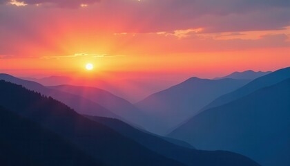 Obraz premium Majestic mountain ranges layered in shades of blue and purple with a vibrant orange sunset sky, creating a tranquil and picturesque landscape with natural beauty concept.