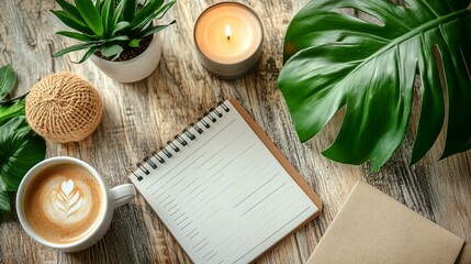 Coffee and notebook on a table.