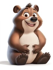 Naklejka premium Cartoon cheerful big brown bear sitting on a white background in 3D graphics style