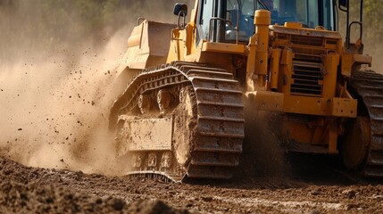 Powerful Bulldozer Moving Earth During Construction