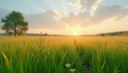 Tranquil golden sunrise over a grassy field with delicate white flowers, creating a peaceful, idyllic rural scene.