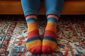 Close-up photo of legs in bright socks and stockings.
