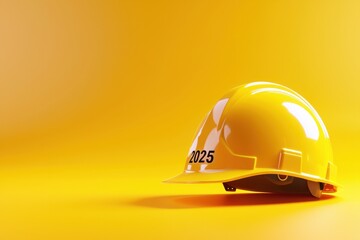 A bright yellow construction helmet rests on a vivid yellow background, symbolizing safety and construction.
