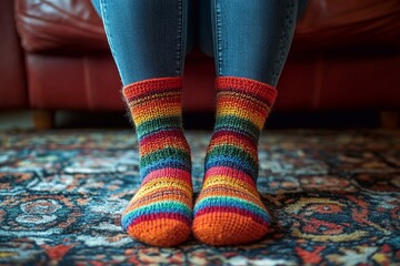Close-up photo of legs in bright socks and stockings.