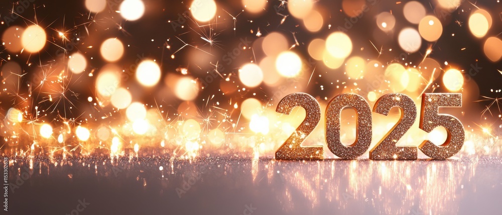 Poster a sparkling representation of the year 2025, featuring golden bokeh lights, creating a festive and c