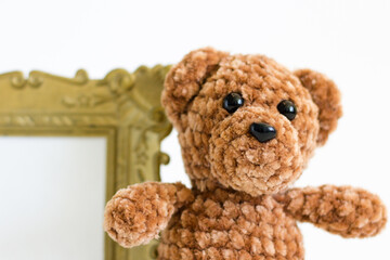Teddy bear in front of a mirror on a white background.