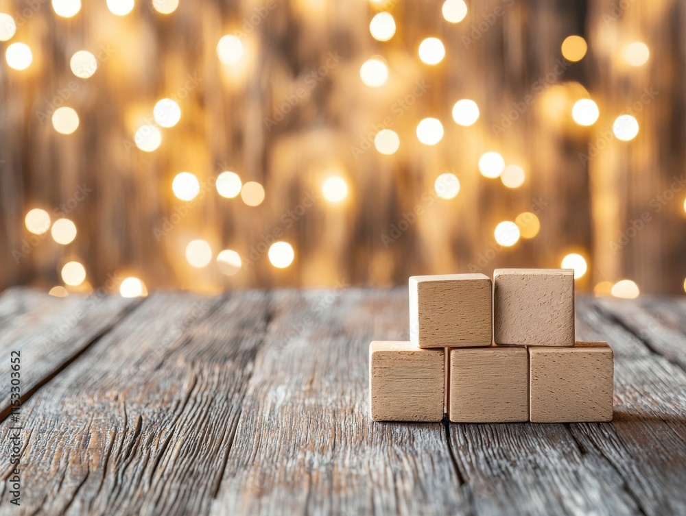 Poster A stack of wooden blocks on a rustic table with a soft, glowing bokeh background.