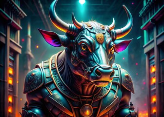 Powerful Robotic Bull: Neon Eyes, Industrial Fashion Photography