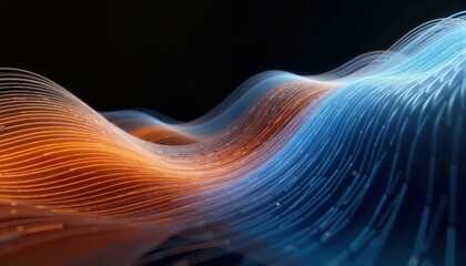 Abstract wavy lines with orange and blue light emitting from them, creating a futuristic and dynamic background, conceptual art