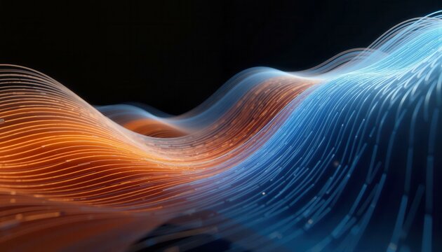 Abstract wavy lines with orange and blue light emitting from them, creating a futuristic and dynamic background, conceptual art