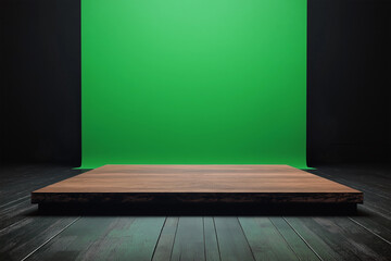 Event stage has wooden flooring and green chroma in backwall