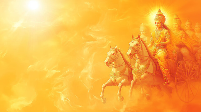 Ratha Saptami banner design with yellow to orange color gradation, featuring the image of Lord Surya on a chariot pulled by horses, Ai generated images