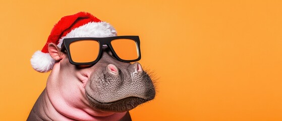 Hip Hippo in Santa Hat and Sunglasses against Orange Background