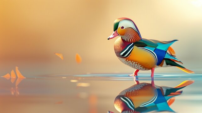 A sleek and colorful mandarin duck standing gracefully on a reflective surface with a plain backdrop.