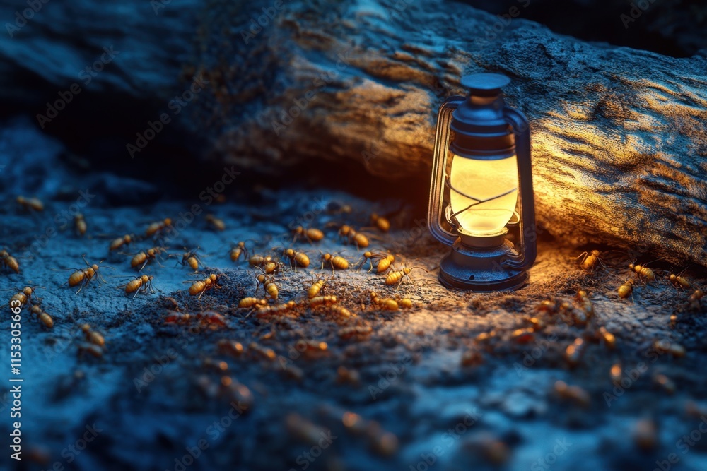 Poster a lantern is lit on a rock with a group of ants around it