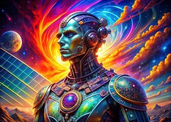 Psychedelic Robot, Solar Powered Cyborg, Technicolor Android, Futuristic Machine, Whimsical AI