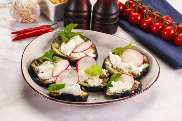 Grilled eggplant with cheese and radish