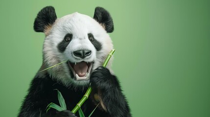 Fototapeta premium A panda bear eating bamboo in front of a green screen.